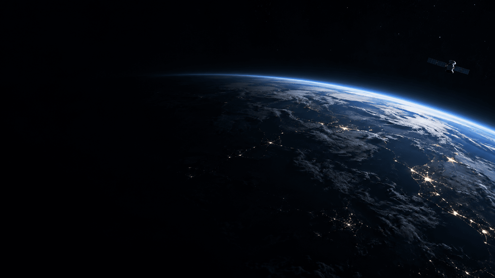 Illustrative temporary artwork showing a satellite above Earth’s horizon.